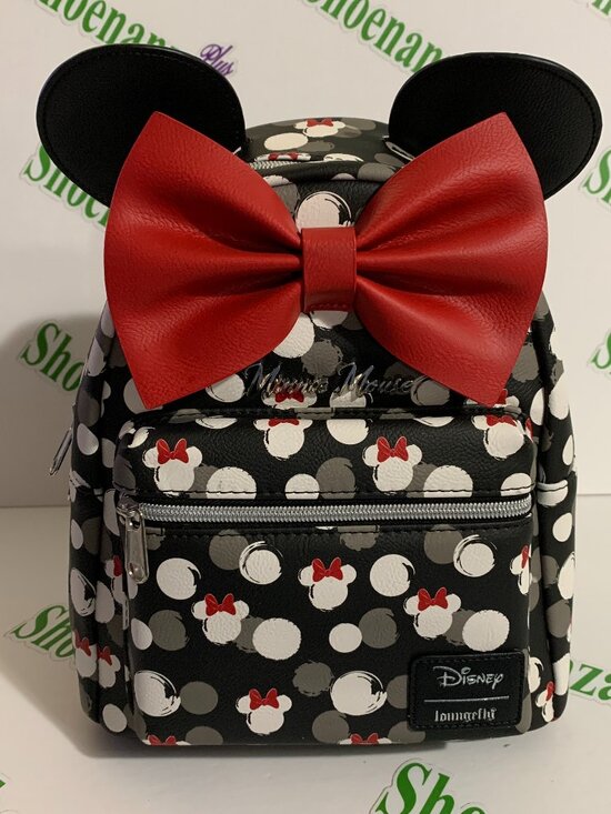 Loungefly Mini Backpack Disney Minnie Mouse Heads Ears Red Bow Polka Dot Bag